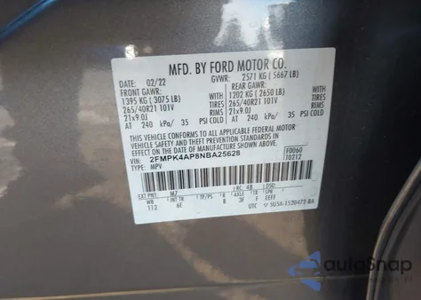 2022 Ford Edge St from USA, damaged, VIN 2FMPK4AP8NBA25628